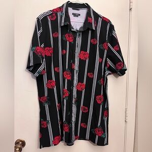 Fashion Nova Black and Red Floral Striped Shirt